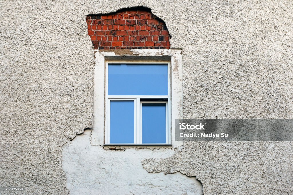 Walling Off Window Old Building Wall With Fallen Off Facing Around The Newly Installed ...