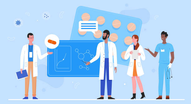 Doctor researcher team vector illustration, cartoon flat scientist doctor characters work at researching training center, medical pharmacists study Doctor researcher team vector illustration. Cartoon flat scientist doctor characters work at researching training center, medical pharmacists study, analyze data. Modern medicine technology background pharmacist cartoon stock illustrations
