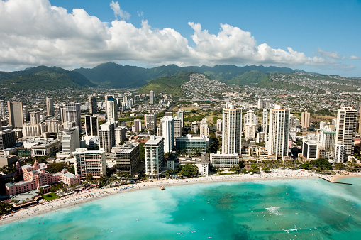 Waikiki beach from a helicopter.