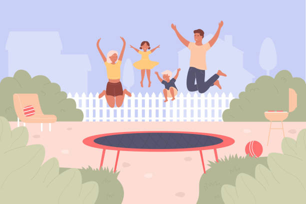 trampolina skoki ilustracji wektora, kreskówka płaska rodzina ludzie skakać i bawić się razem, aktywne szczęśliwy skoczek znaki odbijają się wysoko - male men black african descent stock illustrations