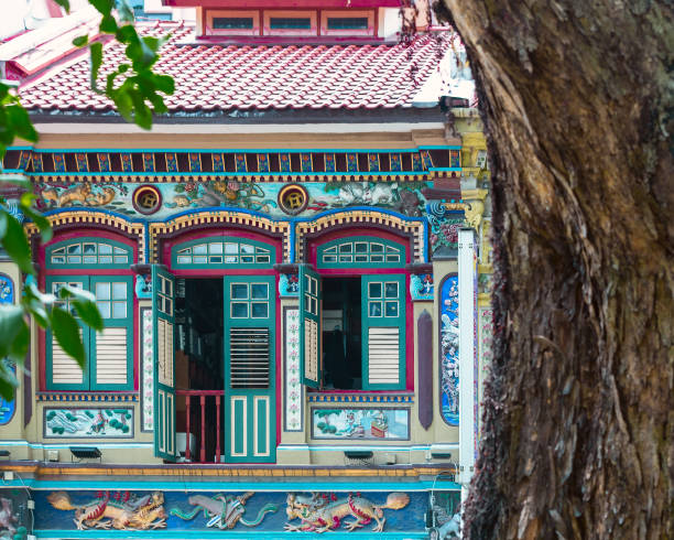 fachadas tradicionalmente pintadas de casas em cingapura - little india - fotografias e filmes do acervo