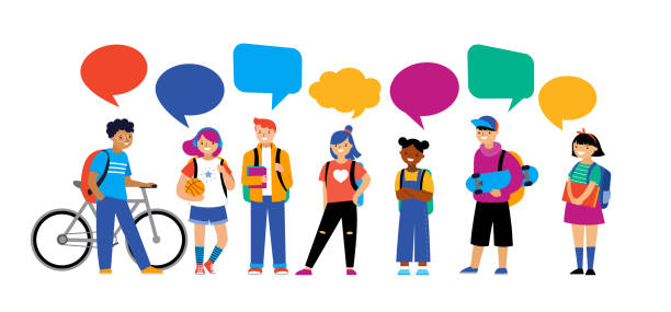 Back to school background, diversity concept for children - schoolboys and schoolgirls of different ethnicities standing together Back to school background, diversity concept for children - schoolboys and schoolgirls of different ethnicities standing together. Vector illustration adolescence stock illustrations