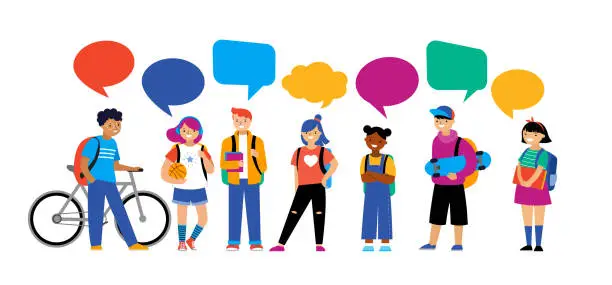 Vector illustration of Back to school background, diversity concept for children - schoolboys and schoolgirls of different ethnicities standing together