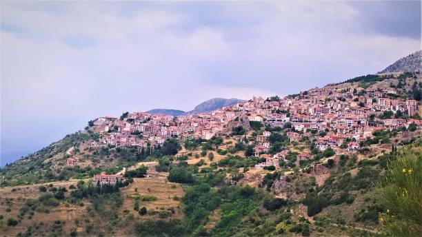 istock Incredible aerial views over Delphi region in Greece 1256204295