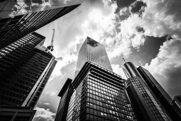 istock Frankfurt am Main business district skyscrapers black and white 1256204385