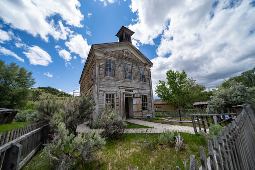 Bannack State Park, Montana - June 29, 2020: The masonic lodge and school house at the ghost town on a summer day