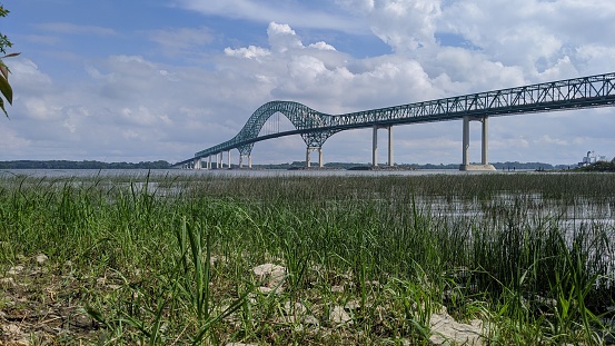 View of the Laviolette Bridge connecting the south and north shore of the St. Lawrence River in the Trois-Rivière region of Quebec.