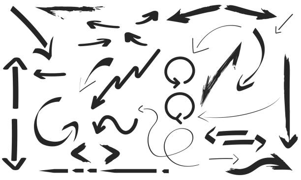 ilustrações de stock, clip art, desenhos animados e ícones de group of arrows at different angles and positions pointing down, up, left, right, half turn, uphill, circle, front and back in black color - halter top