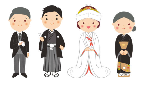 ilustraciones, imágenes clip art, dibujos animados e iconos de stock de novio y novia con los padres en la boda del kimono. - wedding groom bride two parent family