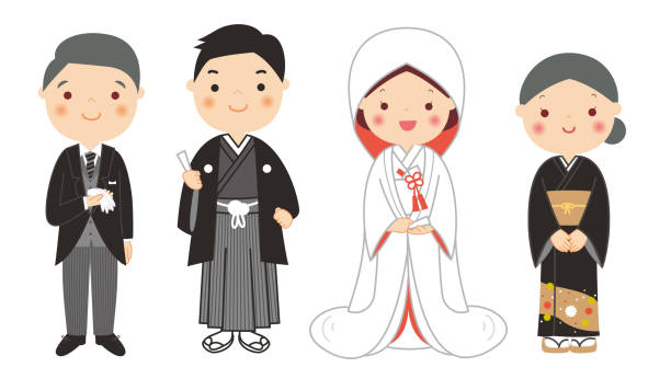 illustrazioni stock, clip art, cartoni animati e icone di tendenza di sposo e sposa con i genitori nel matrimonio kimono. - wedding groom bride two parent family