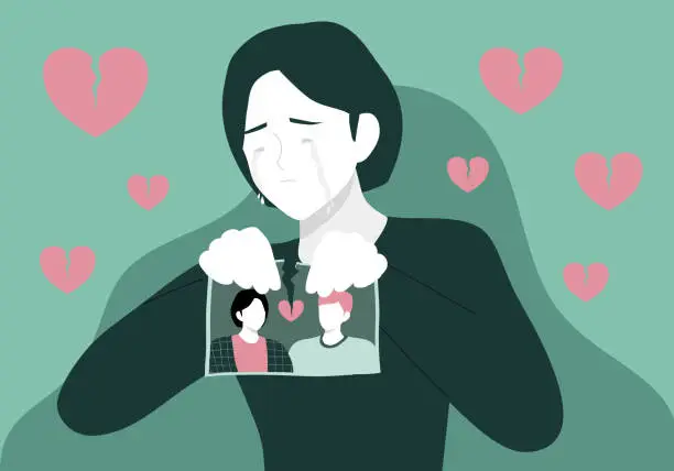 Vector illustration of Couple conflict concept. Woman crying hand ripping photo of the couple vector illustration. portrait of happy spouses or picture with family memories. Concept of breakup or divorce