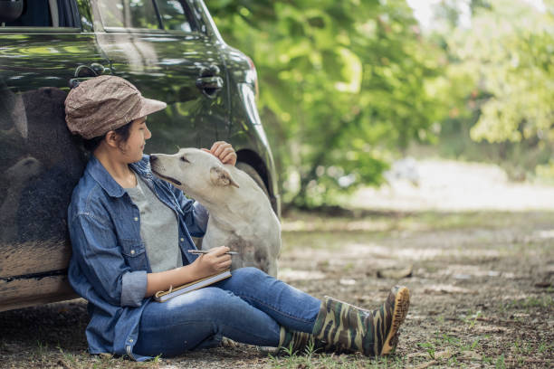 Young asian woman taking note while sitting beside car within the her orchard area and rubbing her dog's head.
