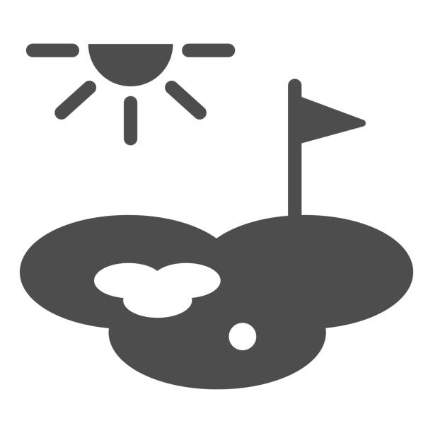 illustrations, cliparts, dessins animés et icônes de icône solide de terrain de golf, concept de golf, signe de terrain de jeu sur fond blanc, terrain de golf avec l’icône de drapeau, de boule et de trou dans le modèle de glyphe pour le concept mobile et la conception web. graphiques vectoriels. - golf golf course swinging isolated