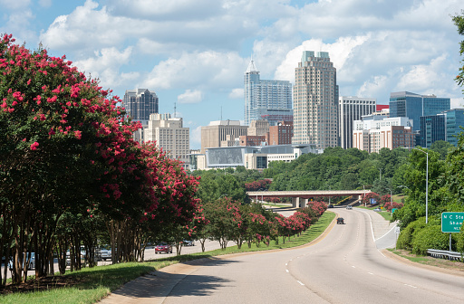 Downtown skyline of Raleigh, NC with crepe myrtle trees in bloom