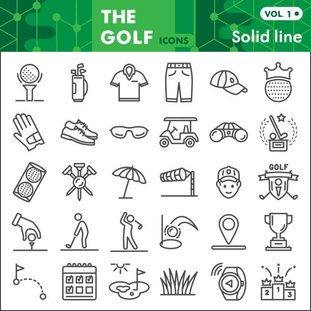 골프 라인 아이콘 세트, 스포츠 기호 컬렉션 또는 스케치. 웹 및 앱에 대한 골프 게임 선형 스타일 표지판. 흰색 배경에 격리 된 벡터 그래픽. - golf stock illustrations