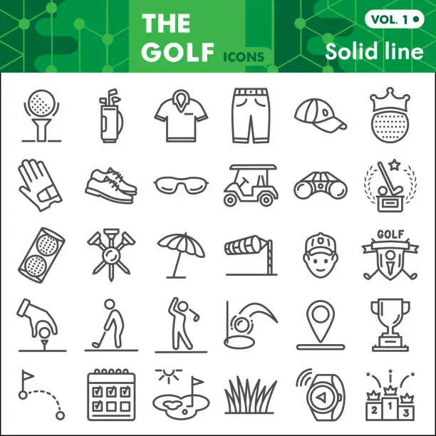 Vector illustration of Golf line icon set, Sports symbols collection or sketches. Golf game linear style signs for web and app. Vector graphics isolated on white background.