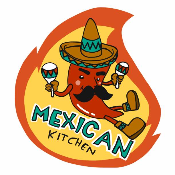 stockillustraties, clipart, cartoons en iconen met mexicaans keukenembleem, de illustratie van de slijtagehoedtoren van de spaanse hoed - chili fire