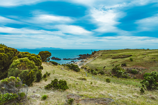 Green fields and the ocean on the east coast of Tasmania, Australia
