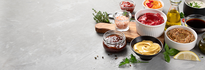 Set of various sauces in bowls on grey background. Panorama, banner with copy space