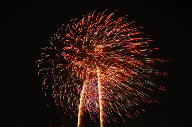 istock Beautiful firework display on sky at night 1256232891