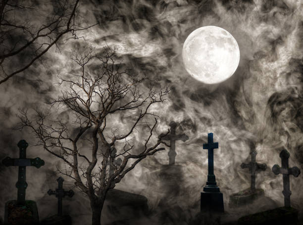 istock cemetery with dark bare trees and tombstones under full moon 1256239536
