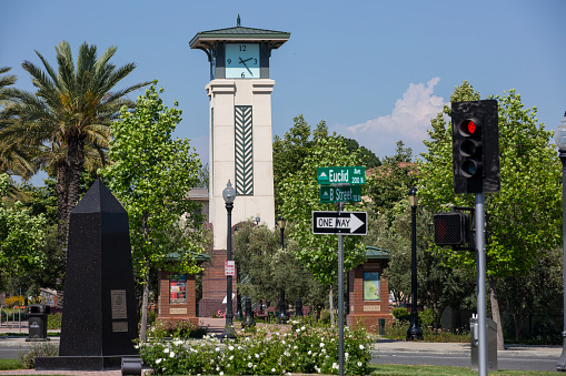 Ontario, California / USA - May 9, 2020: Sun shines on the Ontario monument to veterans in the civic center area.