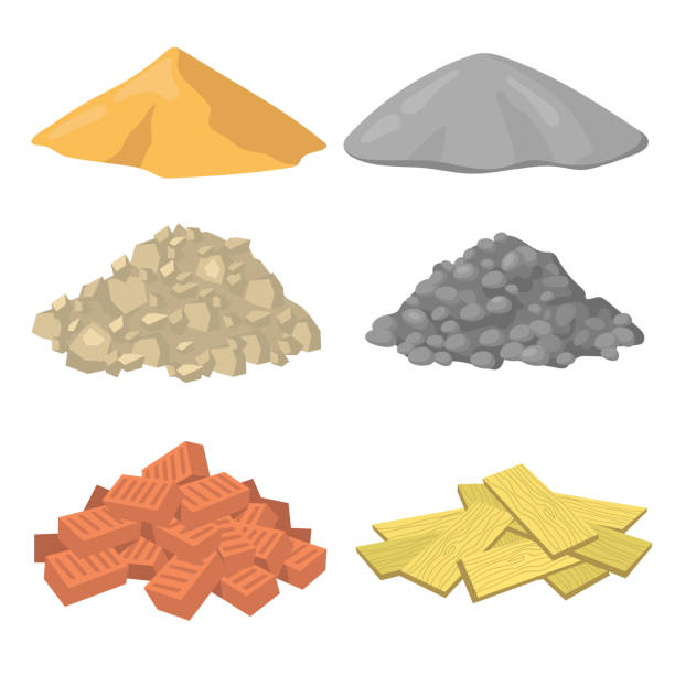 Various construction material piles flat icon set Various construction material piles flat icon set. Crushed stones, gypsum, sand, bricks and wooden planks vector illustration collection. Masonry and building concept gravel mound stock illustrations