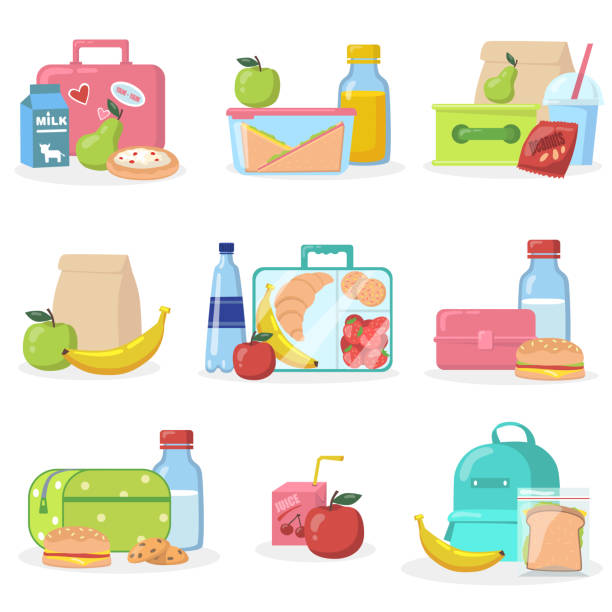 School lunchboxes with snacks flat icon set School lunchboxes with snacks flat icon set. Cartoon apple, juice, cookie, muffin and bread in box vector illustration collection. Eating and healthy food concept bag lunch stock illustrations