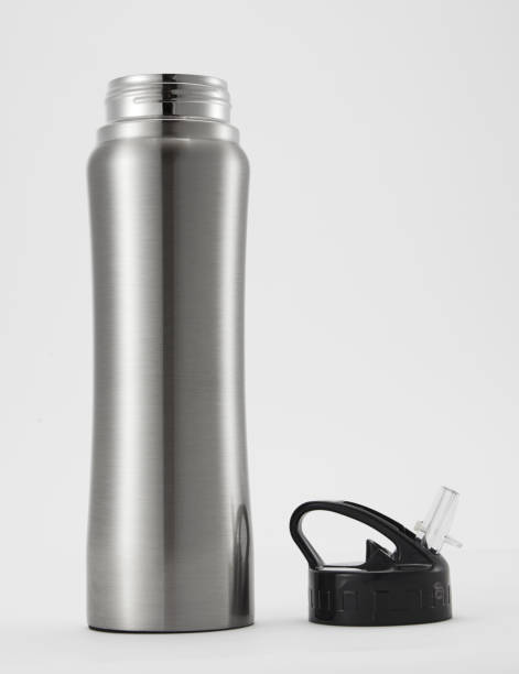istock Full length grey aluminium waterbottle. Isolated on white background. 1256240382