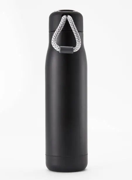 Full length black waterbottle. Isolated on white background.