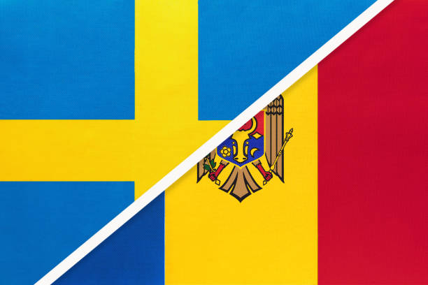 Sweden and Moldova, symbol of national flags from textile. Championship between two European countries. Kingdom of Sweden and Moldova, symbol of national flags from textile. Relationship, partnership and championship between two European countries. moldovan flag stock illustrations
