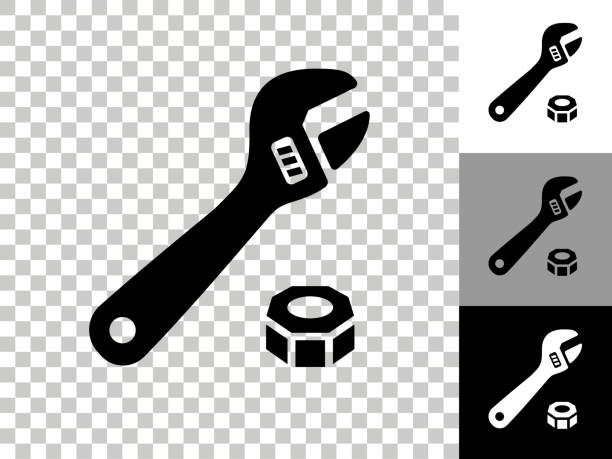 illustrations, cliparts, dessins animés et icônes de icône clé et boulon sur fond transparent de damier - work tool bolt nut symbol