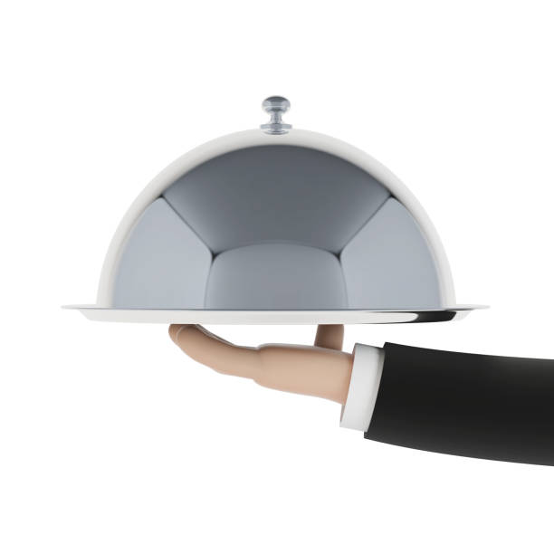 istock Cartoon waiter hand with a tray. 3d illustration. 1256245547