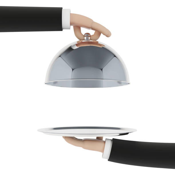 istock Cartoon waiter hand with a tray. 3d illustration. 1256245557