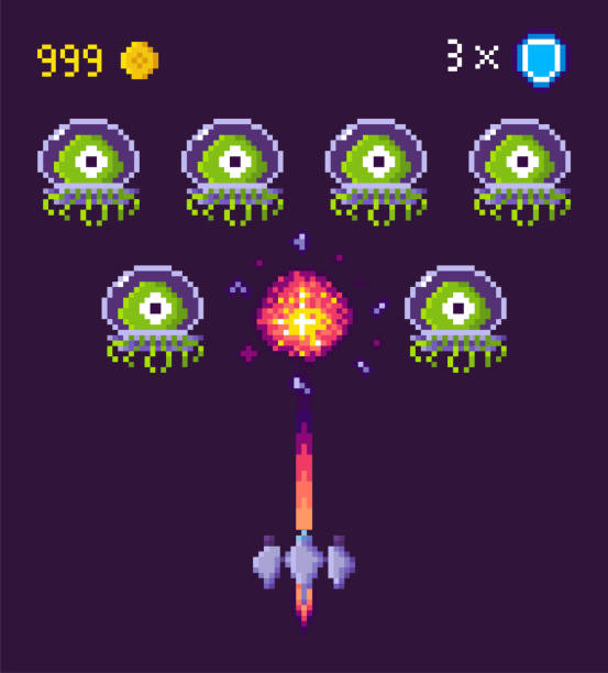 Pixel Game Space Graphics 8 Bit Aliens Spacecraft Spaceship and aliens fight pixel game vector. Pixelated characters and points gained in battle, spacecraft galaxy invaders in suits protective uniform space invaders game stock illustrations