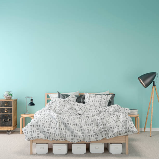 istock Empty bedroom interior with decoration and colored background 1256251536