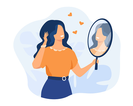Happy woman looking at herself in mirror. Female character admiring her reflection. Can be used for ego, narcissism, self love concepts