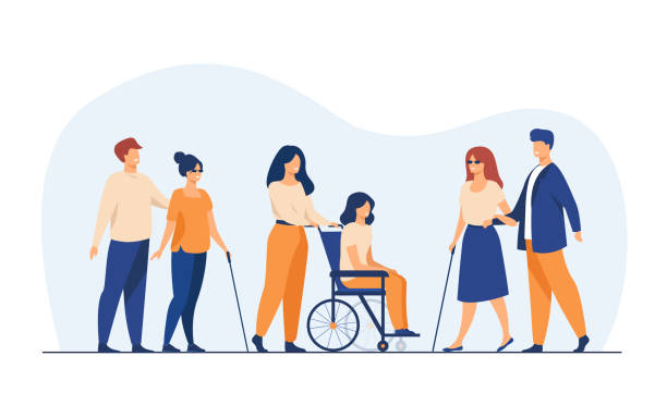 Volunteers helping disabled friends in outdoor walking Volunteers helping disabled friends in outdoor walking, leading blind people or wheeling wheelchair. Can be used for disability, diversity, assistance concept disability illustrations stock illustrations
