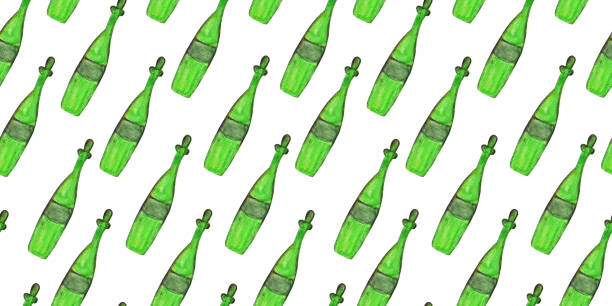 コルクとカラフルなワインボトルで作られたシームレスなパターン。異なる形状の緑と青のガラス瓶。 - juice carafe glass decanter点のイラスト素材／クリップアート素材／マンガ素材／アイコン素材