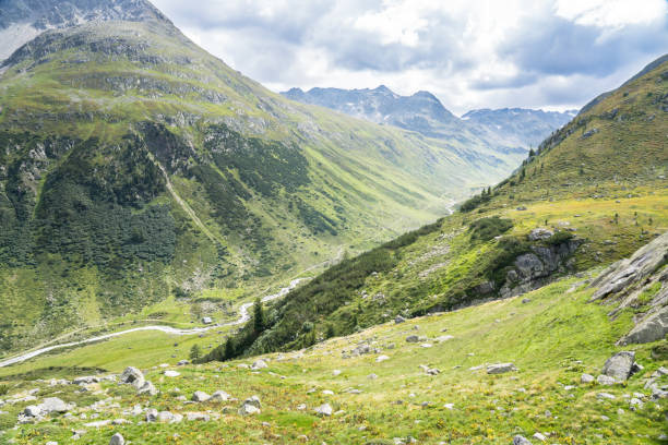belle vallée et paysage alpin - engadine european alps switzerland water photos et images de collection
