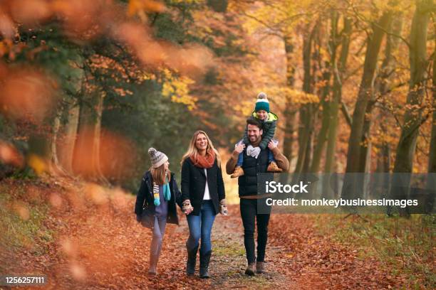 Family Walking Along Autumn Woodland Path With Father Carrying Son On Shoulders Stock Photo - Download Image Now