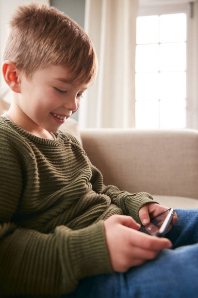 istock Young Boy On Sofa At Home Having Fun Playing Game On Mobile Phone 1256257208