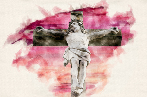 close-up of cross with Jesus and red sky in watercolors