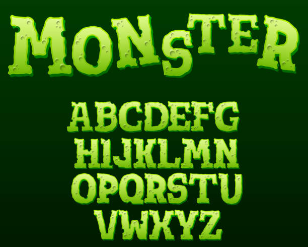 grüner monster-text-effekt auf schwarzem hintergrund. cartoon-stil alphabet mit schatten. vektor-illustration - green monster stock-grafiken, -clipart, -cartoons und -symbole