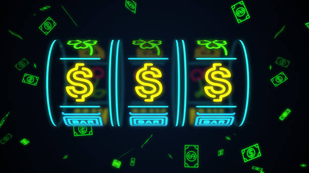 neon casino slot machine spinning, money flying after win combination with dollar sign stock photo