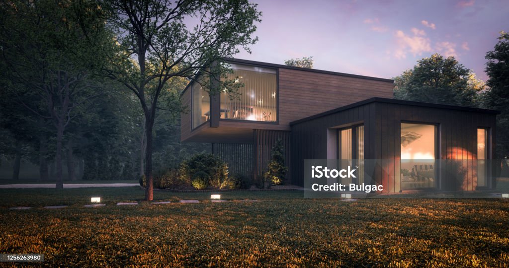Modern Minimalist Family Villa Digitally generated modern and minimalist family house/villa with garage and a terrace.

The scene was rendered with photorealistic shaders and lighting in Autodesk® 3ds Max 2020 with V-Ray 5 with some post-production added. House Stock Photo