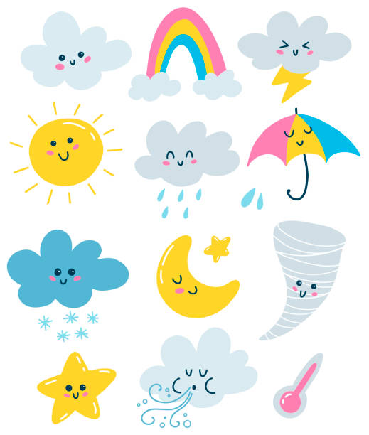 płaskie wektorowe ilustracje pogodowe - rain sun sunlight cloud stock illustrations