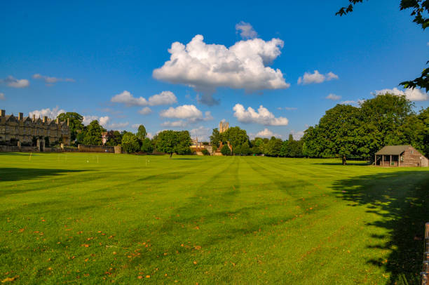 istock Green field with old buildings, blue sky and cloud 1256268482