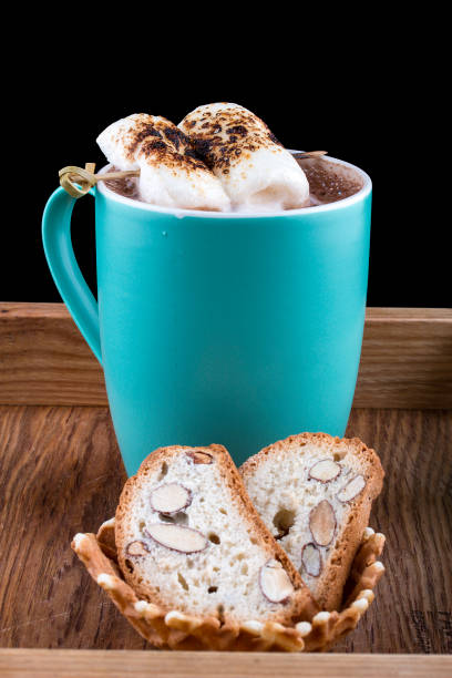 istock Cocoa with marshmallow on a wooden board with almond crackers, on a dark background 1256271716