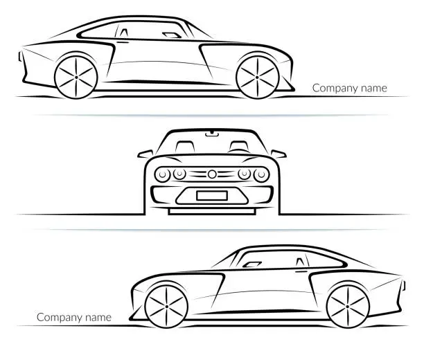 Vector illustration of Set of sports car silhouettes outlines contours isolated on white background. Vector illustration